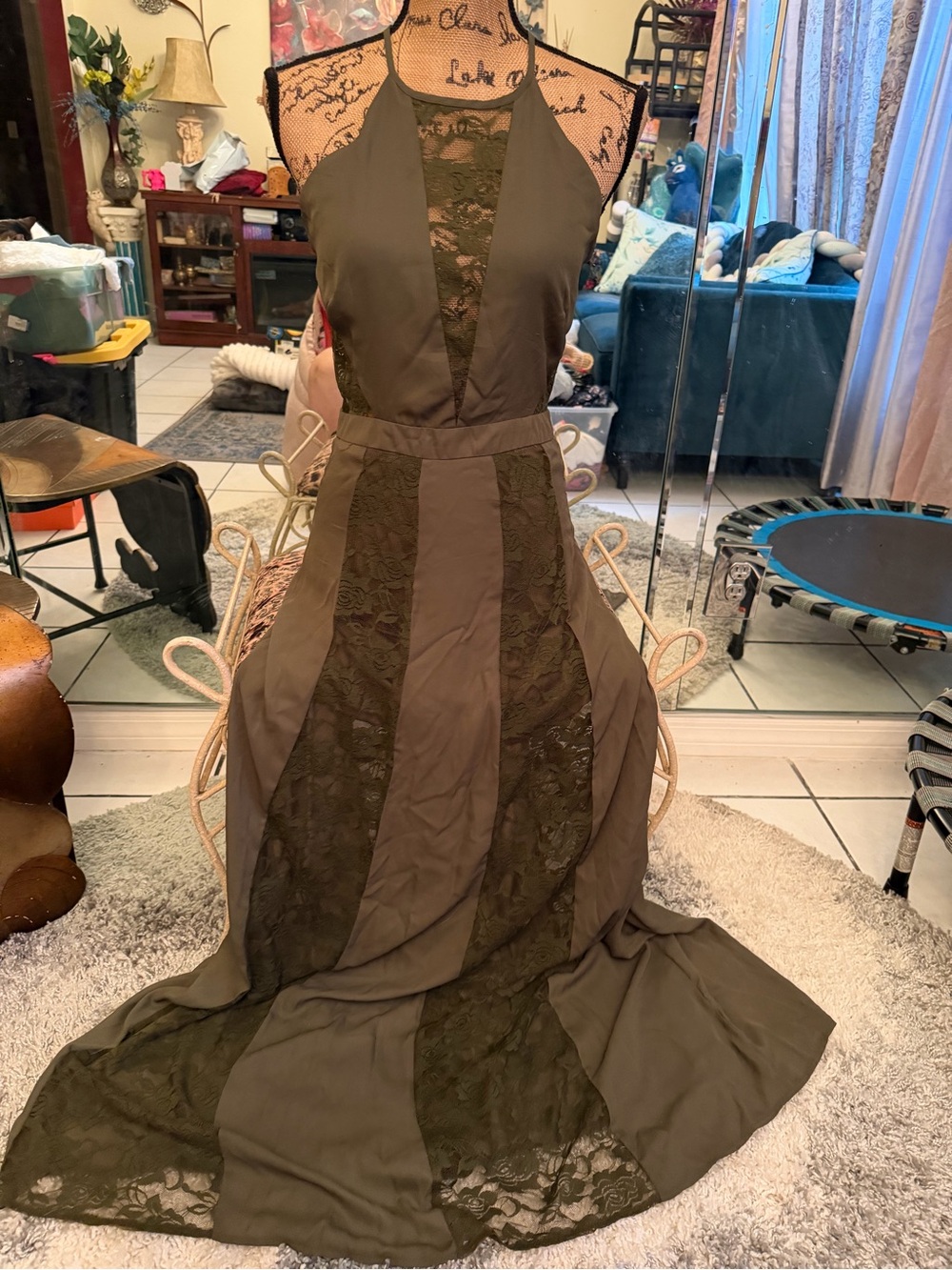 Miss Avenue Olive Green Lace-Panel Halter Maxi Dress